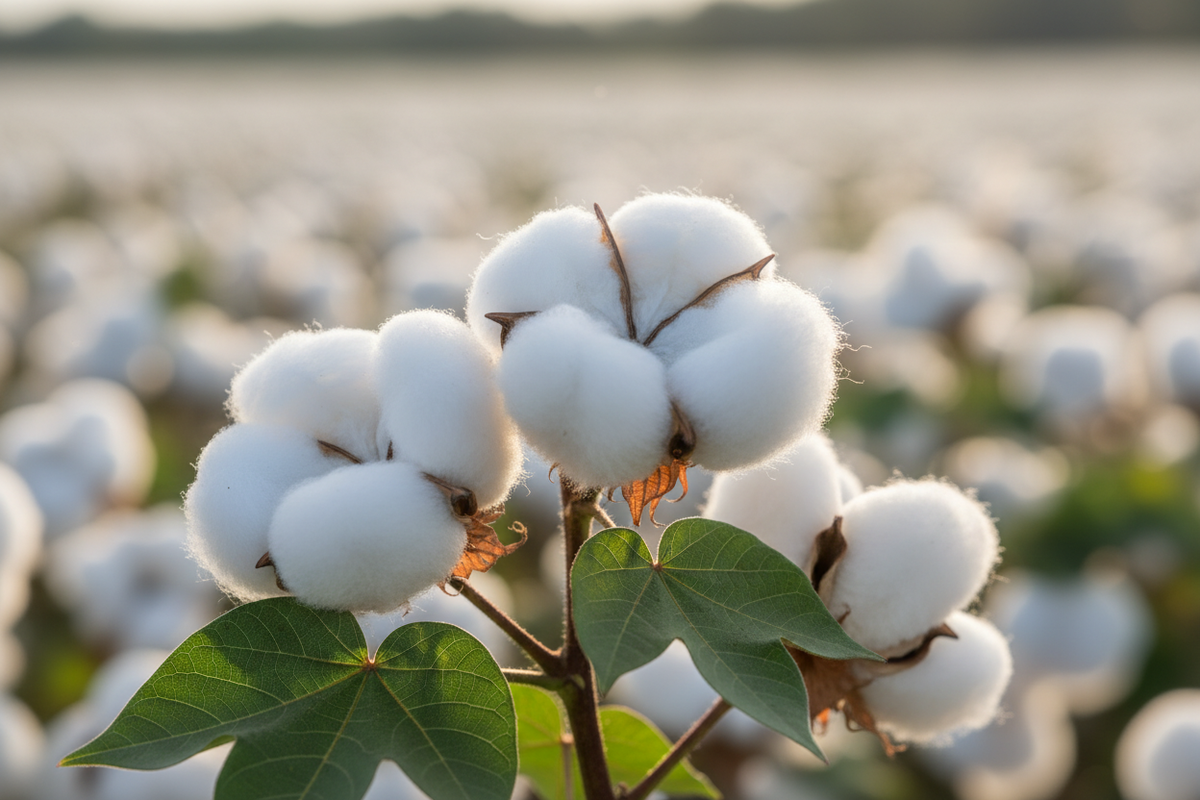focus on one organic cotton plant on organic cotton field